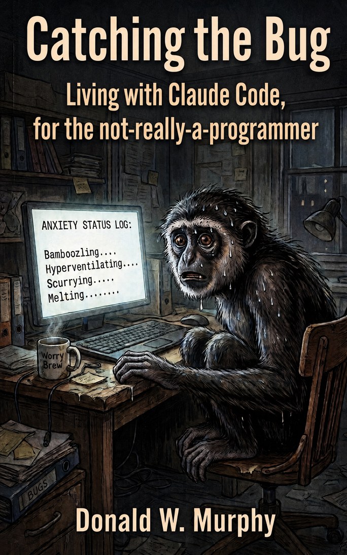 Cover of Catching the Bug: a sweating gibbon at a computer whose screen reads Anxiety Status Log